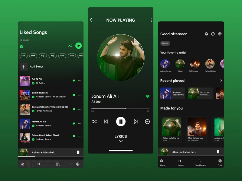 Spotify mobile interface showing calm green design and playlist screens