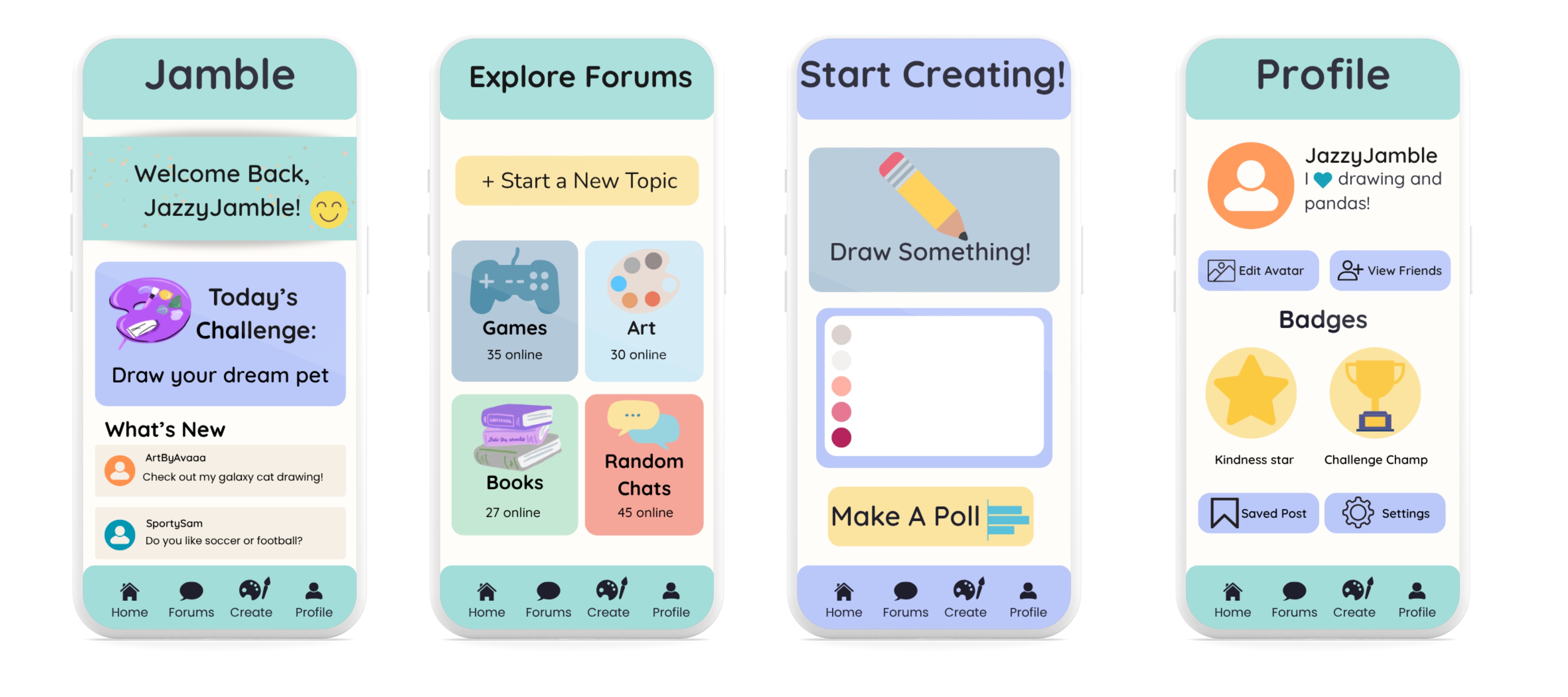 Jamble app UI mockups showing home screen, forums, creative tools, and profile page design